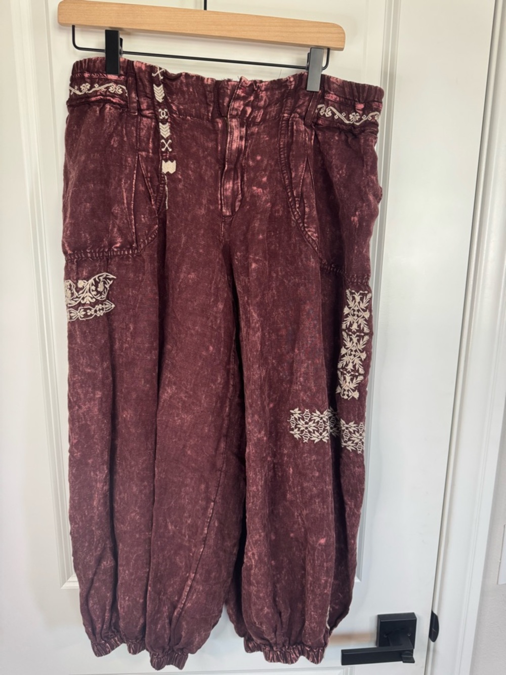 By Anthropologie Embroidered Parachute Pants Maroon Linen Blend  Boho Balloon